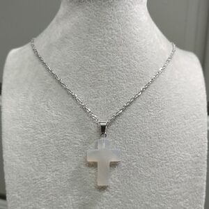 White Agate Cross 17.75" Necklace Natural Gemstone Pendant Stainless Steel Chain